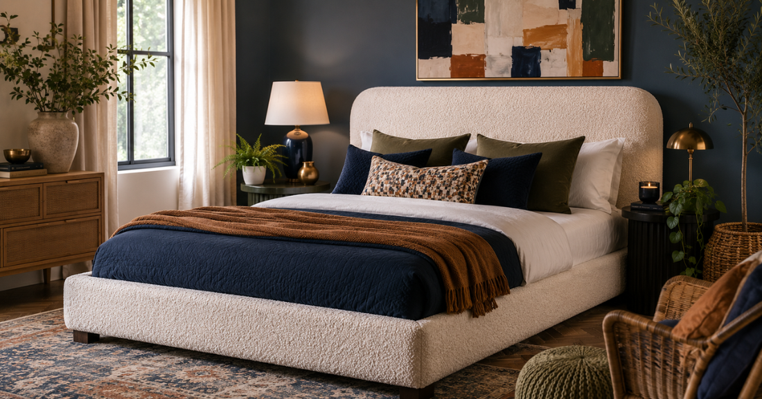 How to Style a Bouclé Bed Without Making the Bedroom Look Too Beige