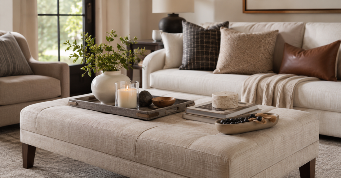 How to Style an Upholstered Coffee Table Using Trays, Books and Accessories